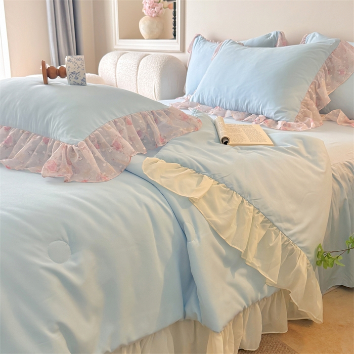 91家纺网 家纺一手货源 找家纺 富盛家纺 2026新款雪纺蕾丝刺绣法式床裙韩版夏凉被空调被夏被四件套 夏被四件套—浪漫主义（蓝）