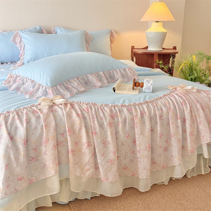 91家纺网 家纺一手货源 找家纺 富盛家纺 2026新款雪纺蕾丝刺绣法式床裙韩版夏凉被空调被夏被四件套 夏被四件套—浪漫主义（蓝）