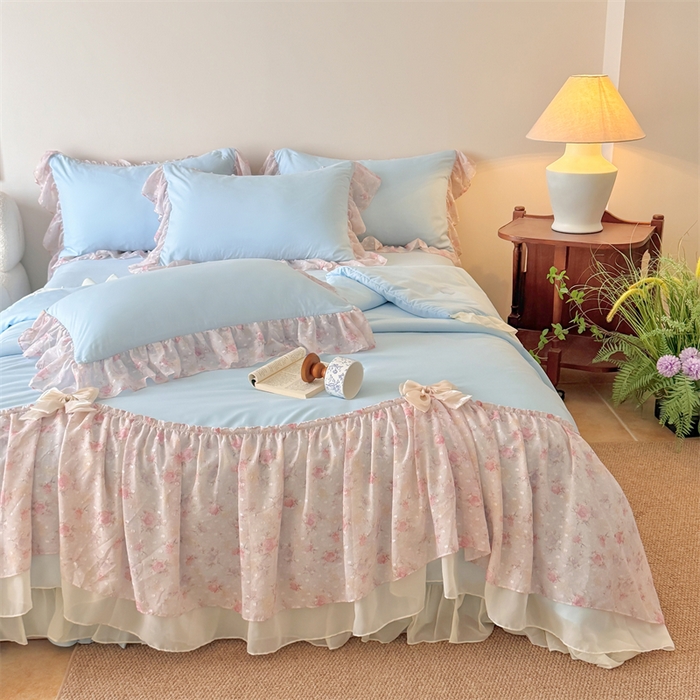 91家纺网 家纺一手货源 找家纺 富盛家纺 2026新款雪纺蕾丝刺绣法式床裙韩版夏凉被空调被夏被四件套 夏被四件套—浪漫主义（蓝）