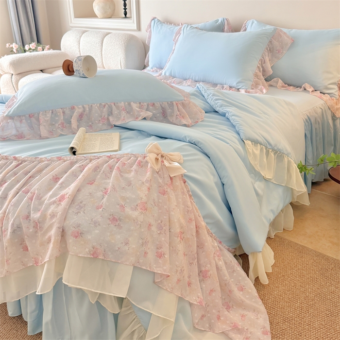 91家纺网 家纺一手货源 找家纺 富盛家纺 2026新款雪纺蕾丝刺绣法式床裙韩版夏凉被空调被夏被四件套 夏被四件套—浪漫主义（蓝）