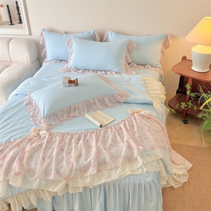 91家纺网 家纺一手货源 找家纺 富盛家纺 2026新款雪纺蕾丝刺绣法式床裙韩版夏凉被空调被夏被四件套 夏被四件套—浪漫主义（蓝）