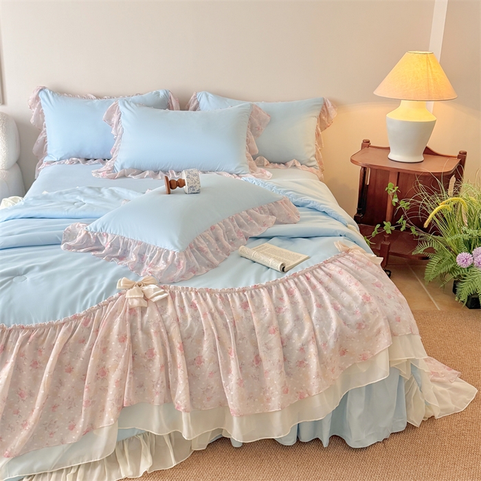 91家纺网 家纺一手货源 找家纺 富盛家纺 2026新款雪纺蕾丝刺绣法式床裙韩版夏凉被空调被夏被四件套 夏被四件套—浪漫主义（蓝）