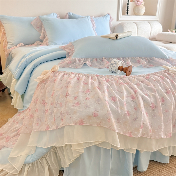 91家纺网 家纺一手货源 找家纺 富盛家纺 2026新款雪纺蕾丝刺绣法式床裙韩版夏凉被空调被夏被四件套 夏被四件套—浪漫主义（蓝）