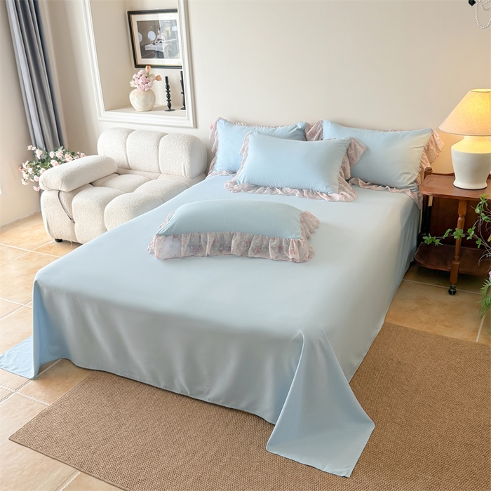 91家纺网 家纺一手货源 找家纺 富盛家纺 2026新款雪纺蕾丝刺绣法式床裙韩版夏凉被空调被夏被四件套 夏被四件套—浪漫主义（蓝）