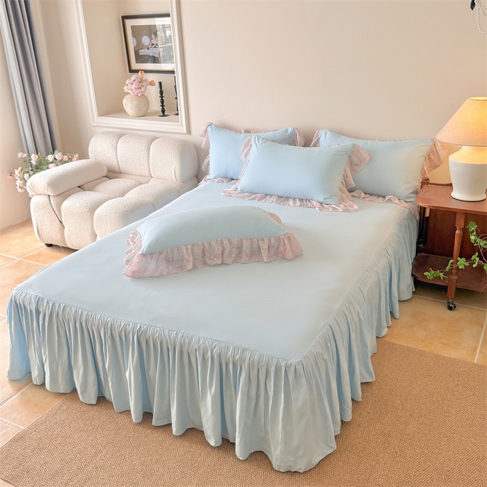 91家纺网 家纺一手货源 找家纺 富盛家纺 2026新款雪纺蕾丝刺绣法式床裙韩版夏凉被空调被夏被四件套 夏被四件套—浪漫主义（蓝）