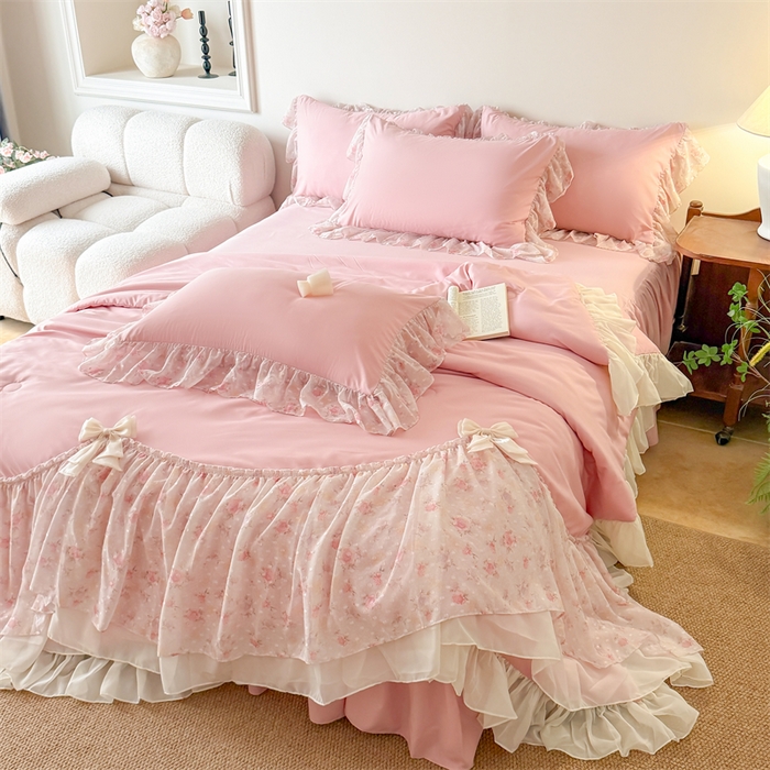 富盛家纺 2026新款雪纺蕾丝刺绣法式床裙韩版夏凉被空调被夏被四件套 夏被四件套—浪漫主义（豆沙）