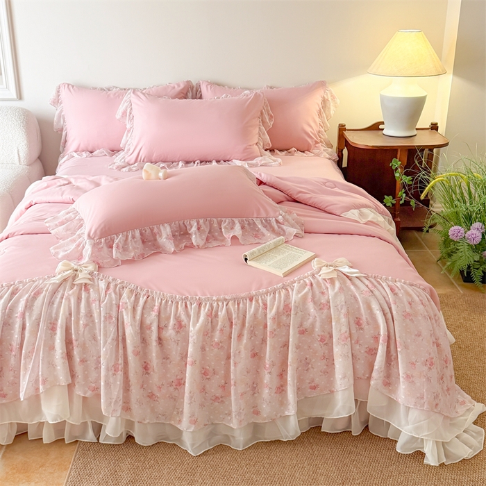 91家纺网 家纺一手货源 找家纺 富盛家纺 2026新款雪纺蕾丝刺绣法式床裙韩版夏凉被空调被夏被四件套 夏被四件套—浪漫主义（豆沙）