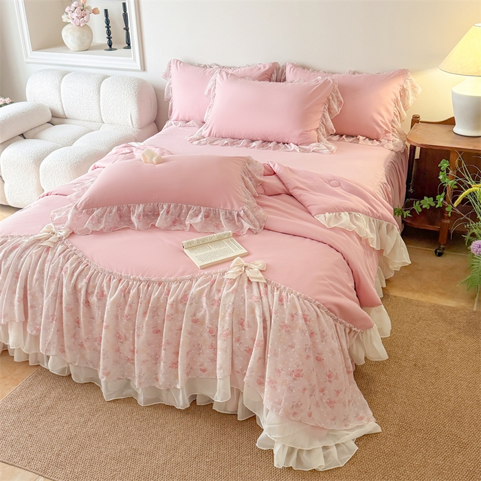 91家纺网 家纺一手货源 找家纺 富盛家纺 2026新款雪纺蕾丝刺绣法式床裙韩版夏凉被空调被夏被四件套 夏被四件套—浪漫主义（豆沙）