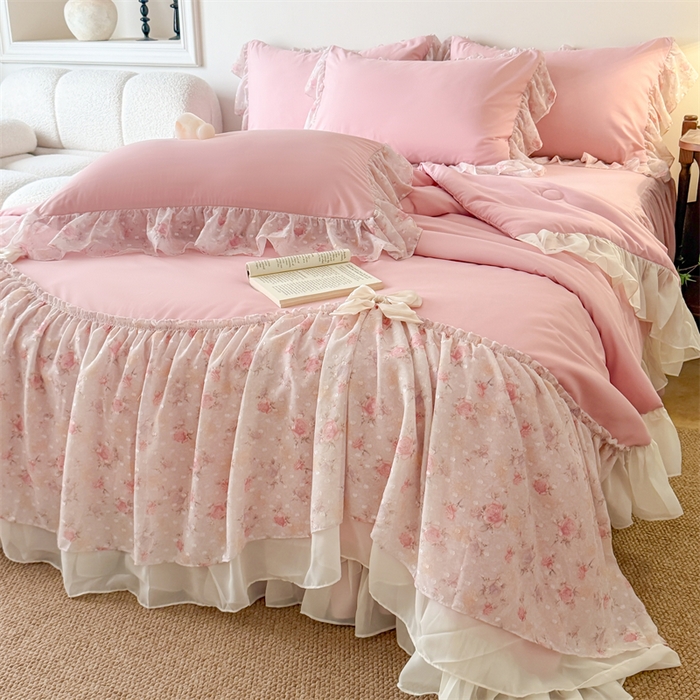 91家纺网 家纺一手货源 找家纺 富盛家纺 2026新款雪纺蕾丝刺绣法式床裙韩版夏凉被空调被夏被四件套 夏被四件套—浪漫主义（豆沙）