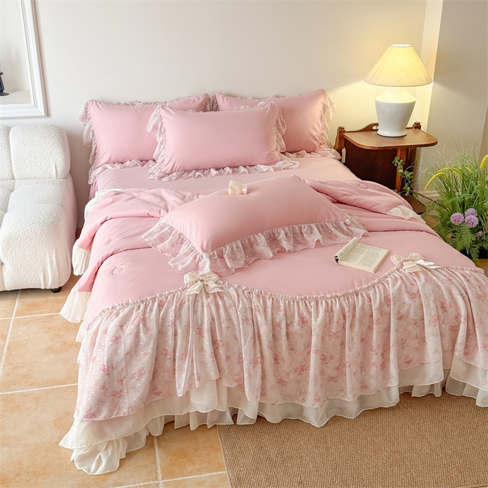 91家纺网 家纺一手货源 找家纺 富盛家纺 2026新款雪纺蕾丝刺绣法式床裙韩版夏凉被空调被夏被四件套 夏被四件套—浪漫主义（豆沙）