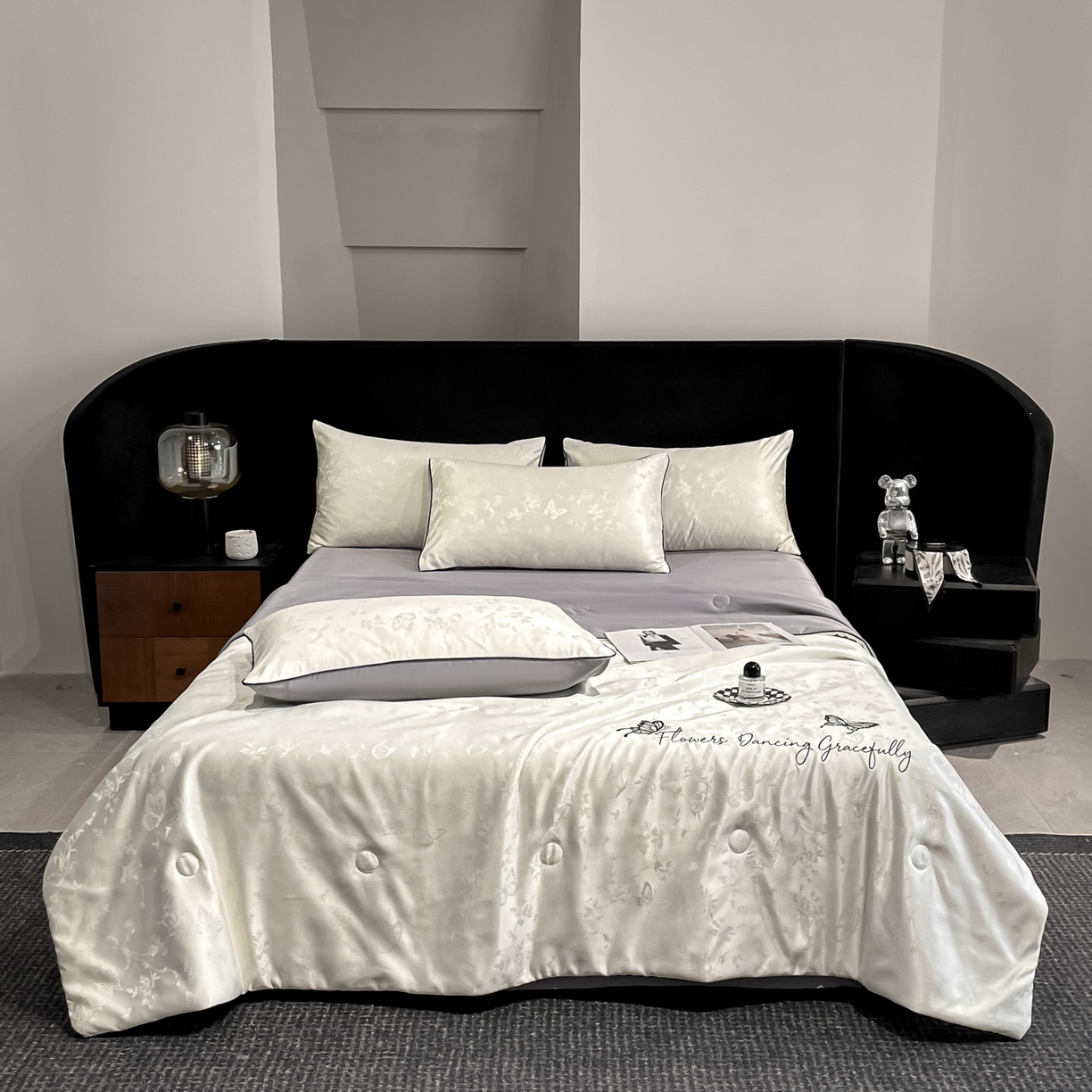 91家纺网 家纺一手货源 找家纺 慕澄家纺 2026新款水洗真丝天丝提花刺绣夏凉被空调被夏被四件套-蝶影 蝶影-白+灰