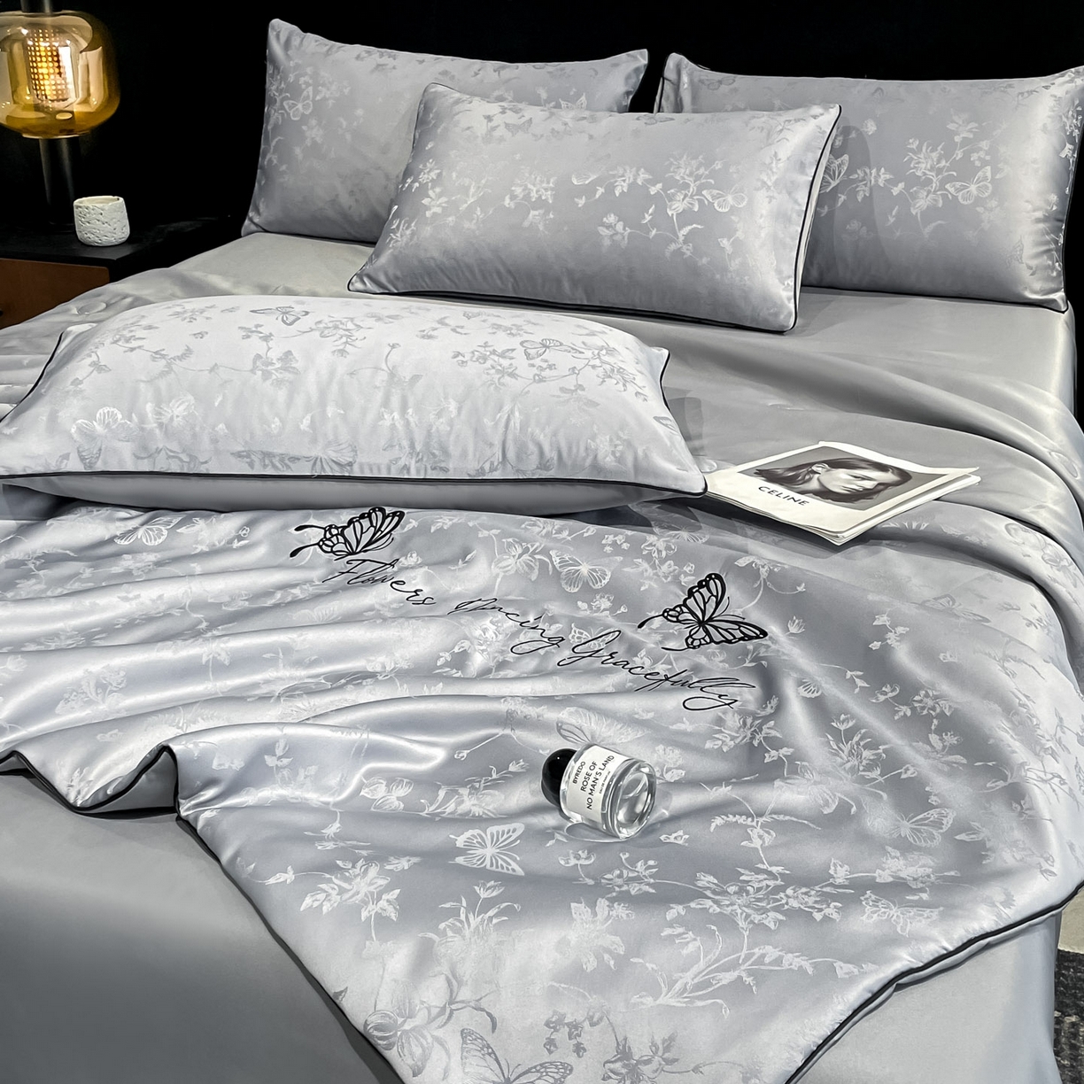 91家纺网 家纺一手货源 找家纺 慕澄家纺 2026新款水洗真丝天丝提花刺绣夏凉被空调被夏被四件套-蝶影 蝶影-烟青灰