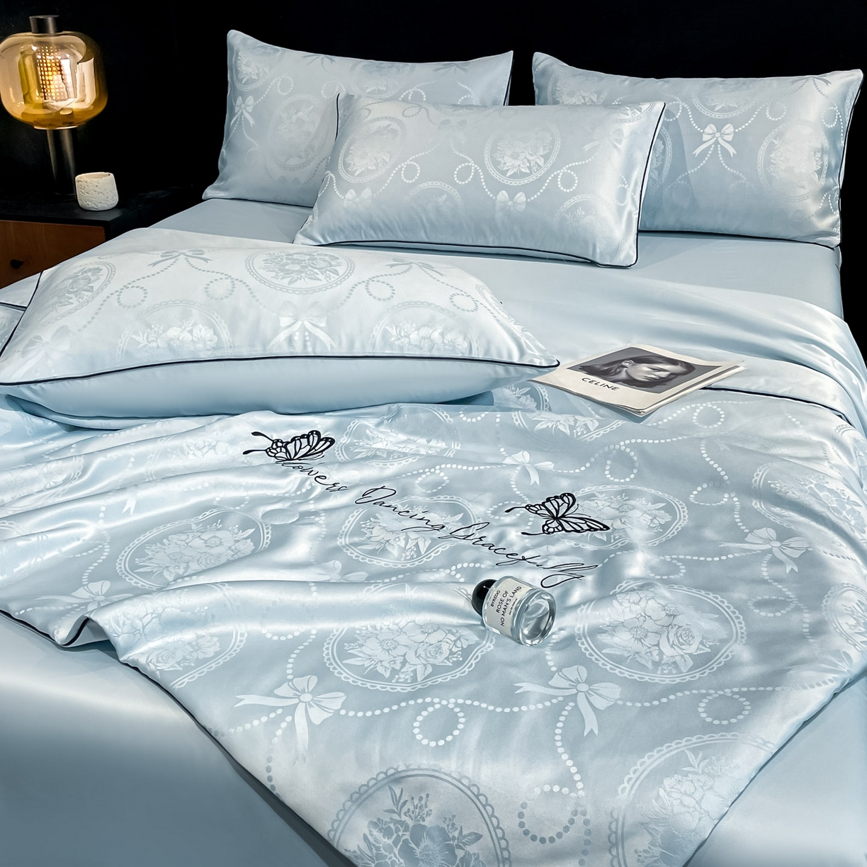 91家纺网 家纺一手货源 找家纺 慕澄家纺 2026新款水洗真丝天丝提花刺绣夏凉被空调被夏被四件套-蝶影 蝶影-冰蓝