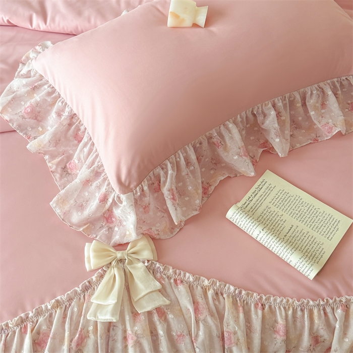 91家纺网 家纺一手货源 找家纺 富盛家纺 2026新款雪纺蕾丝刺绣法式床裙韩版夏凉被空调被夏被四件套 夏被四件套—浪漫主义（豆沙）