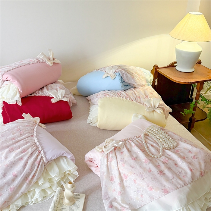 91家纺网 家纺一手货源 找家纺 富盛家纺 2026新款雪纺蕾丝刺绣法式床裙韩版夏凉被空调被夏被四件套 组合图仅供展示不可下单