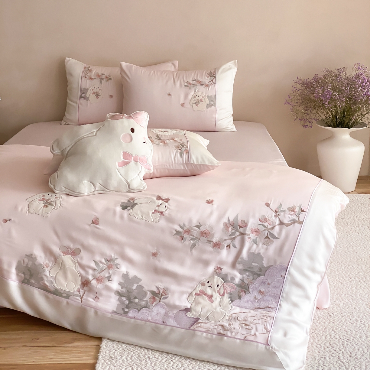 91家纺网 家纺一手货源 找家纺 （总）莎臣豹 2026新款莱赛尔天丝贴布绣四件套樱花树下