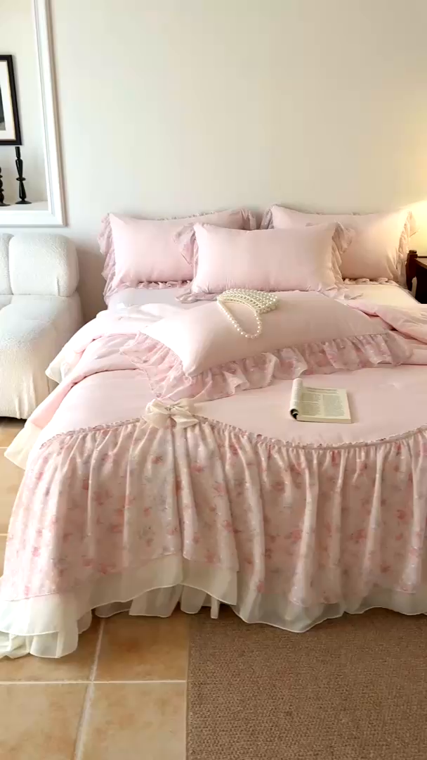 91家纺网 家纺一手货源 找家纺 （总）富盛家纺 2026新款雪纺蕾丝刺绣法式床裙韩版夏凉被空调被夏被四件套