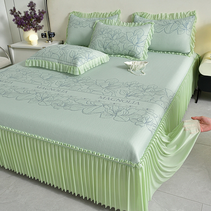 91家纺网 家纺一手货源 找家纺 2026新款PE聚乙烯中分子凉感冰感凉豆豆床裙三件套伴夏-绿