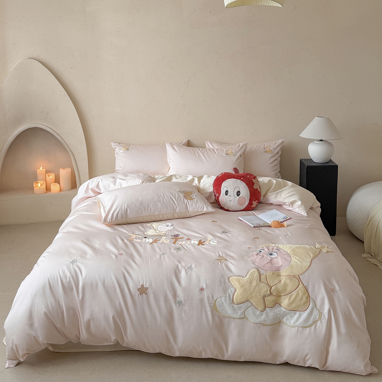 优悦生活馆 2026新款全棉贴布绣四件套-萌萌星人 萌萌星人-粉