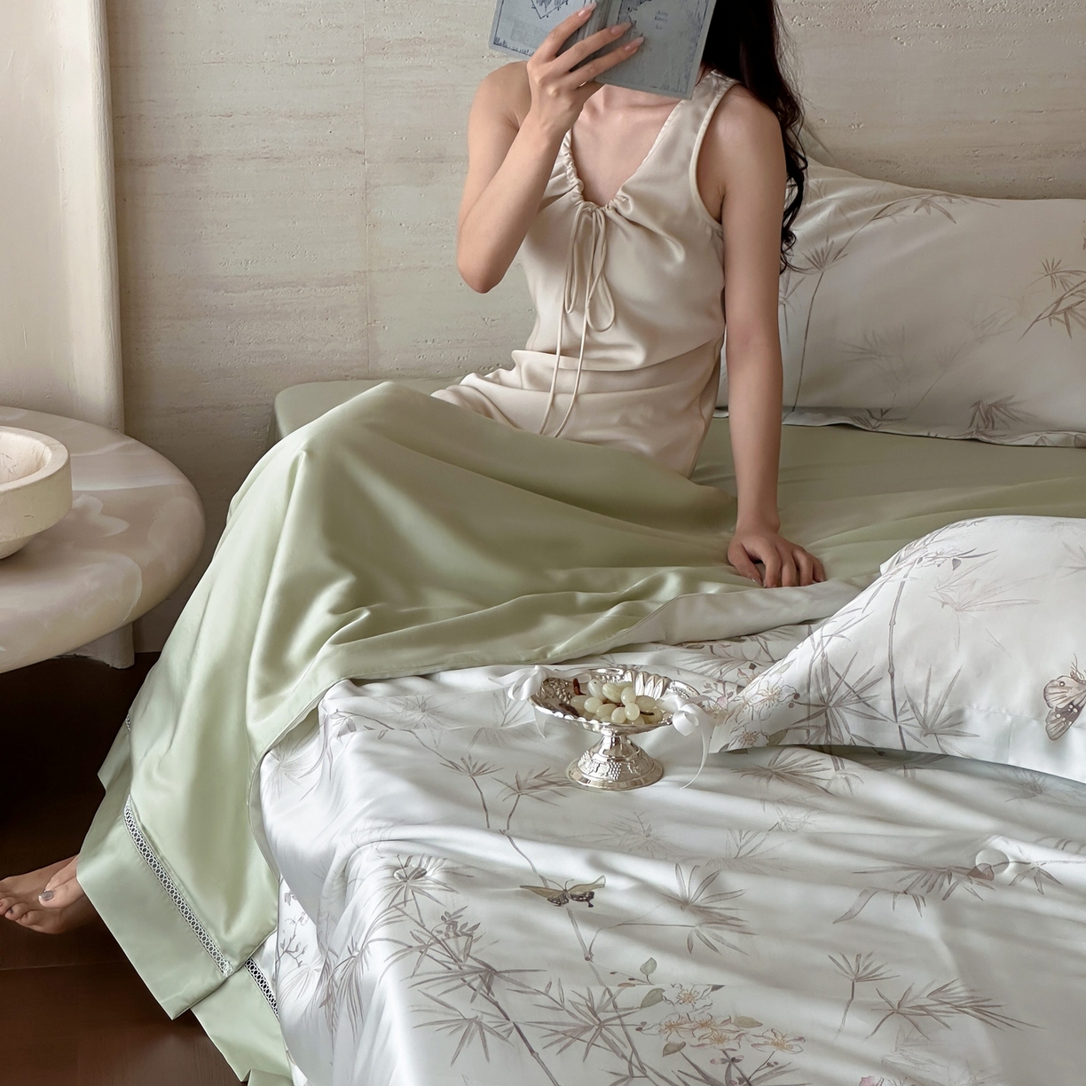 91家纺网 家纺一手货源 找家纺 丽笙被芯 2026新款A类兰精天丝数码印花Naia镂空夏被夏凉被空调被-系列二 春林竹晚