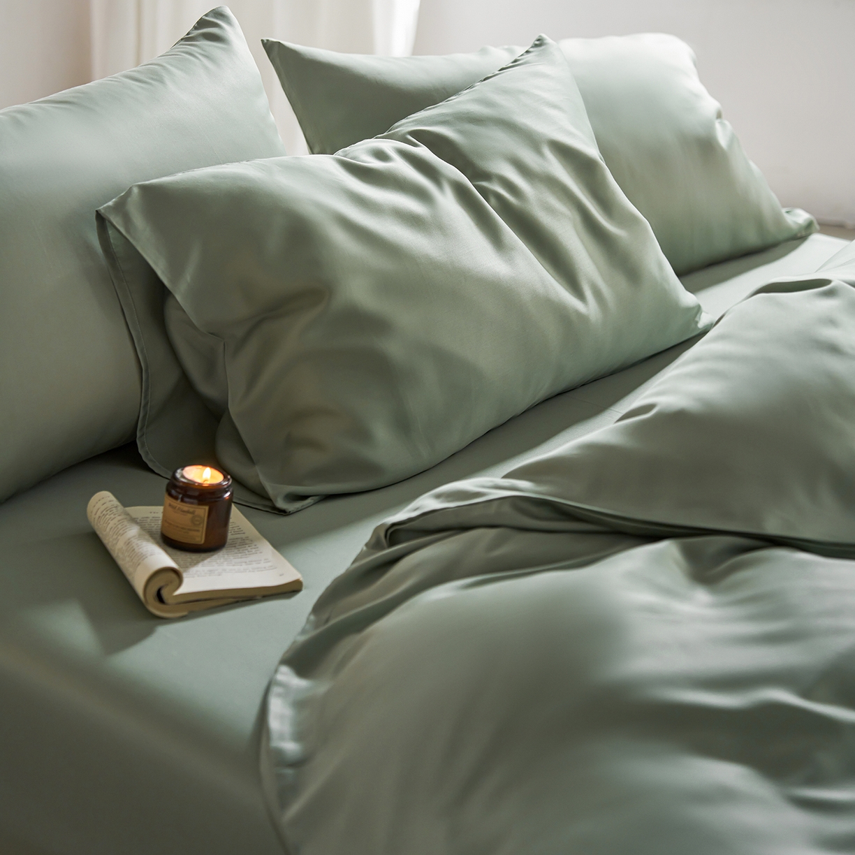 91家纺网 家纺一手货源 找家纺 轩和家居 2026新款60支奥地利兰精天丝四件套 春熙绿