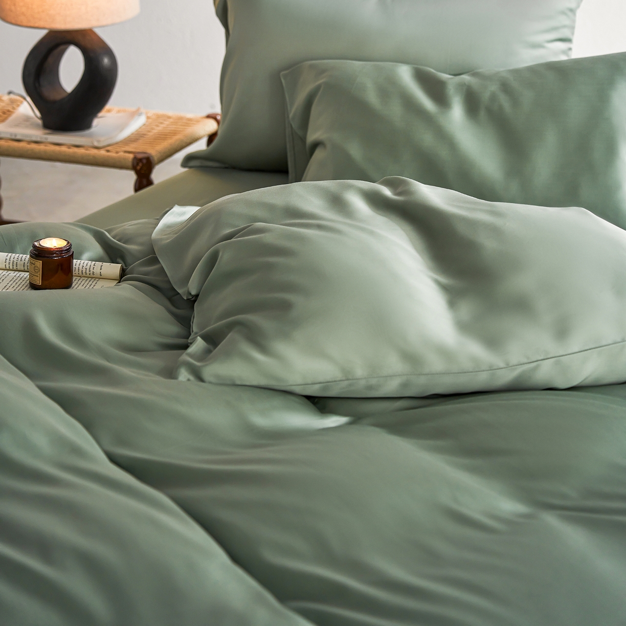 91家纺网 家纺一手货源 找家纺 轩和家居 2026新款60支奥地利兰精天丝四件套 春熙绿