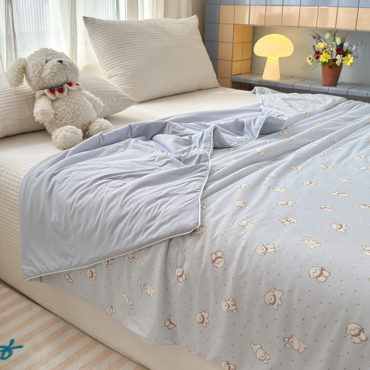 91家纺网 家纺一手货源 找家纺 亿梵家居 2026新款锦氨印花凉感夏被 纳瑞小狗