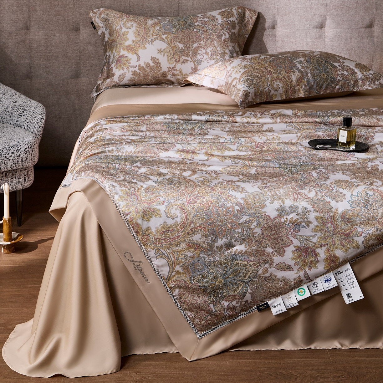 91家纺网 家纺一手货源 找家纺 丽笙被芯 2026新款兰精天丝数码印花蚕丝镂空夏被夏凉被空调被 格雷特-咖