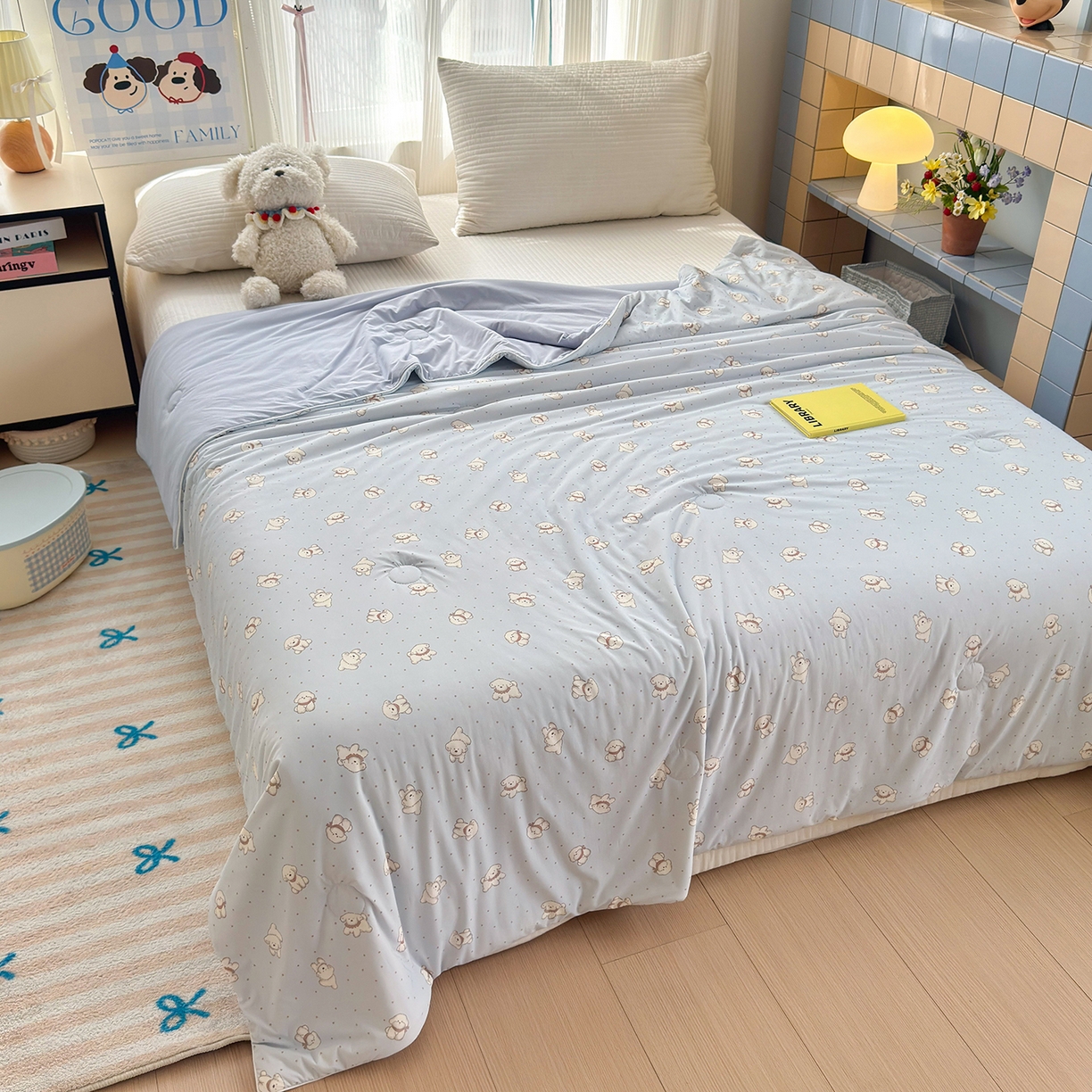 91家纺网 家纺一手货源 找家纺 亿梵家居 2026新款锦氨印花凉感夏被 纳瑞小狗