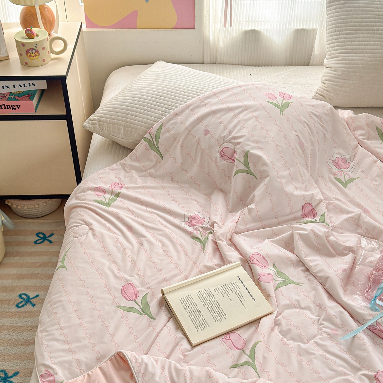 91家纺网 家纺一手货源 找家纺 亿梵家居 2026新款锦氨印花凉感夏被 盛夏-粉