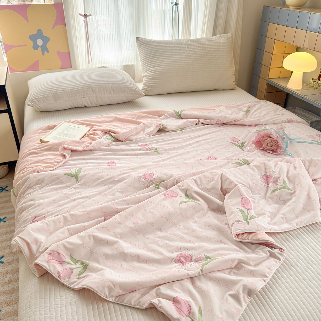 91家纺网 家纺一手货源 找家纺 亿梵家居 2026新款锦氨印花凉感夏被 盛夏-粉