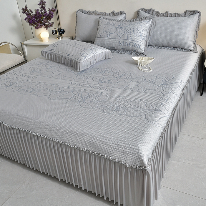 91家纺网 家纺一手货源 找家纺 2026新款PE聚乙烯中分子凉感冰感凉豆豆床裙三件套伴夏-灰