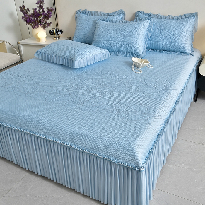 91家纺网 家纺一手货源 找家纺 2026新款PE聚乙烯中分子凉感冰感凉豆豆床裙三件套伴夏-蓝