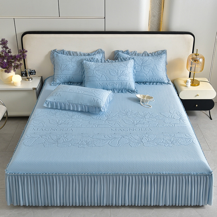 91家纺网 家纺一手货源 找家纺 2026新款PE聚乙烯中分子凉感冰感凉豆豆床裙三件套伴夏-蓝