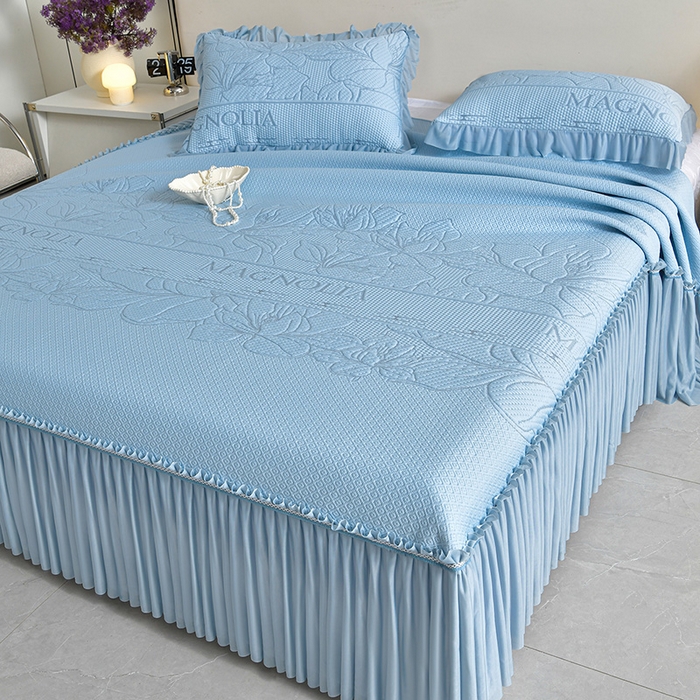 91家纺网 家纺一手货源 找家纺 2026新款PE聚乙烯中分子凉感冰感凉豆豆床裙三件套伴夏-蓝