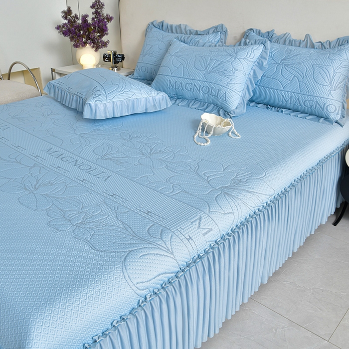 91家纺网 家纺一手货源 找家纺 2026新款PE聚乙烯中分子凉感冰感凉豆豆床裙三件套伴夏-蓝