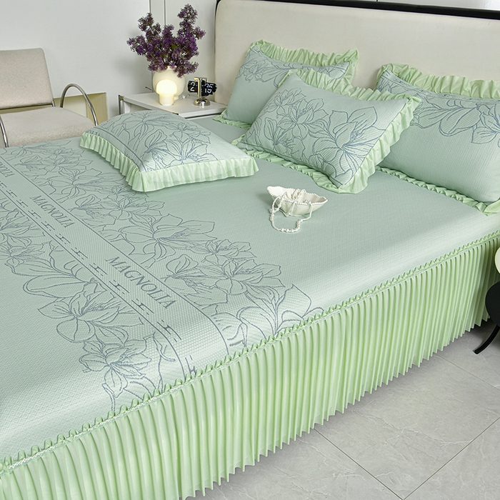 91家纺网 家纺一手货源 找家纺 2026新款PE聚乙烯中分子凉感冰感凉豆豆床裙三件套伴夏-绿