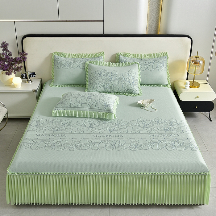 91家纺网 家纺一手货源 找家纺 2026新款PE聚乙烯中分子凉感冰感凉豆豆床裙三件套伴夏-绿