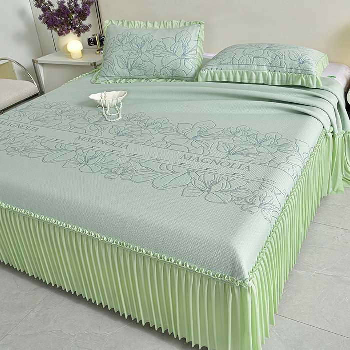 91家纺网 家纺一手货源 找家纺 2026新款PE聚乙烯中分子凉感冰感凉豆豆床裙三件套伴夏-绿