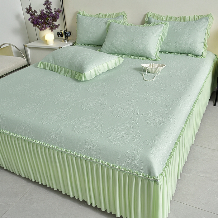 91家纺网 家纺一手货源 找家纺 2026新款PE聚乙烯中分子凉感冰感凉豆豆床裙三件套欧式-绿