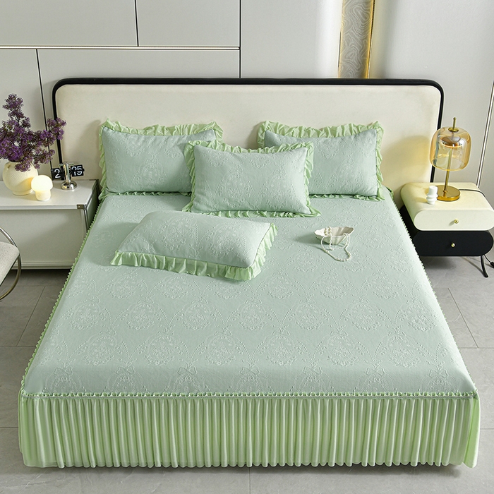 91家纺网 家纺一手货源 找家纺 2026新款PE聚乙烯中分子凉感冰感凉豆豆床裙三件套欧式-绿