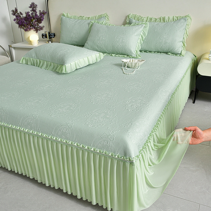 2026新款PE聚乙烯中分子凉感冰感凉豆豆床裙三件套欧式-绿