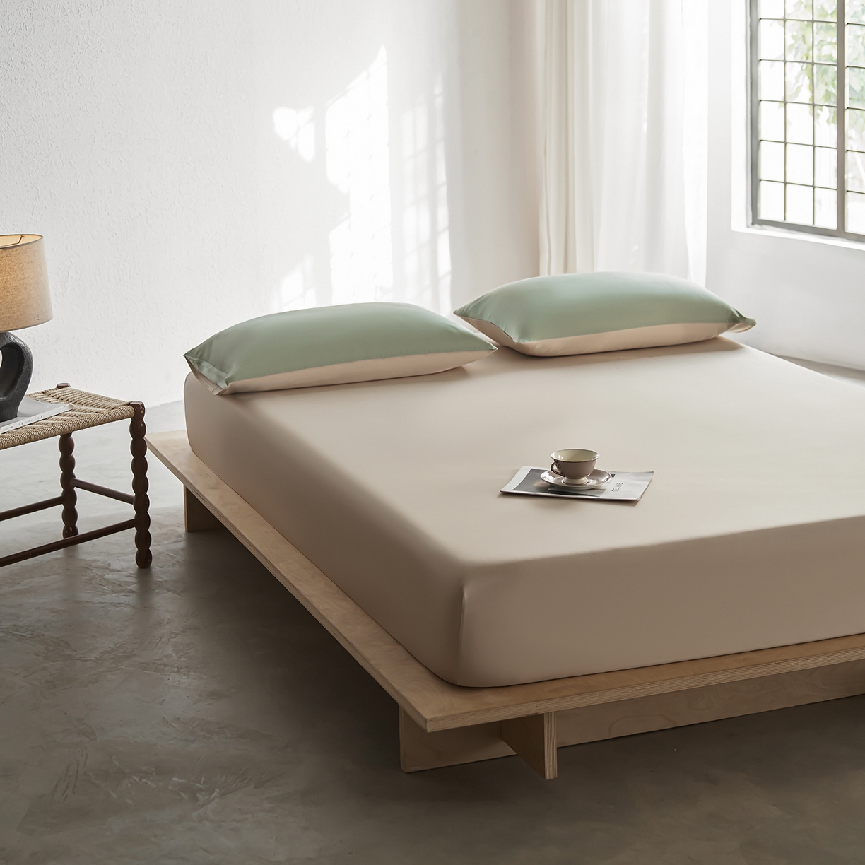 91家纺网 家纺一手货源 找家纺 轩和家居 2026新款60支奥地利兰精天丝四件套 春熙绿+铂光金