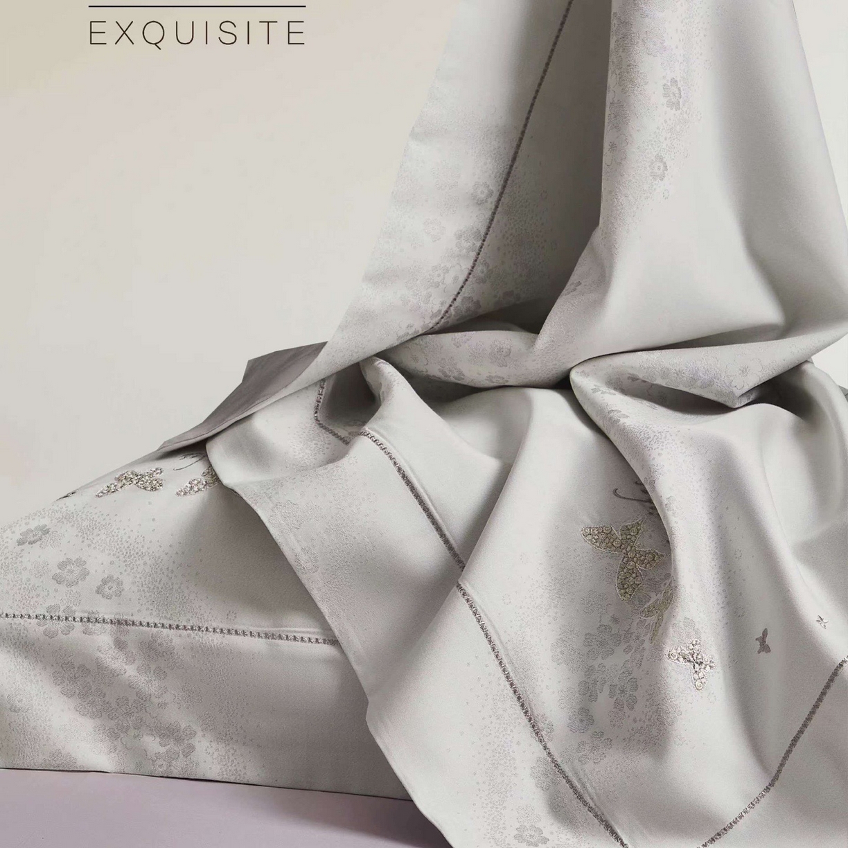 91家纺网 家纺一手货源 找家纺 玖玖爱家纺 2026新款全棉色织提花绣花四件套-梦蝶 梦蝶-银灰