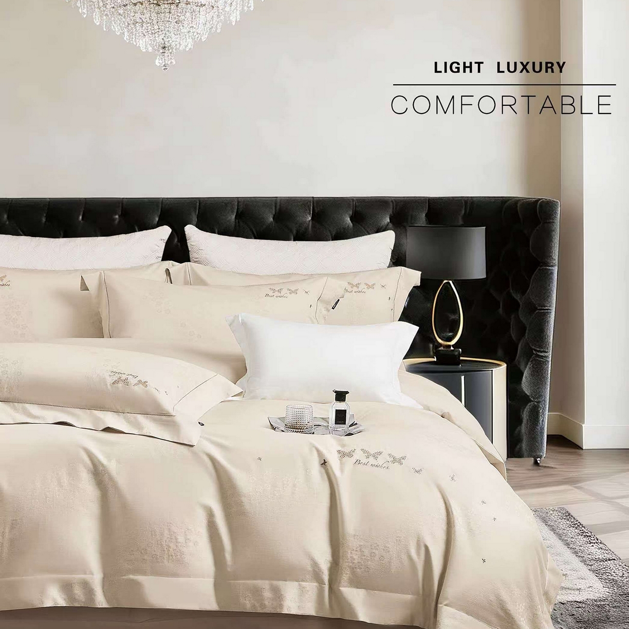 91家纺网 家纺一手货源 找家纺 玖玖爱家纺 2026新款全棉色织提花绣花四件套-梦蝶 梦蝶-香槟