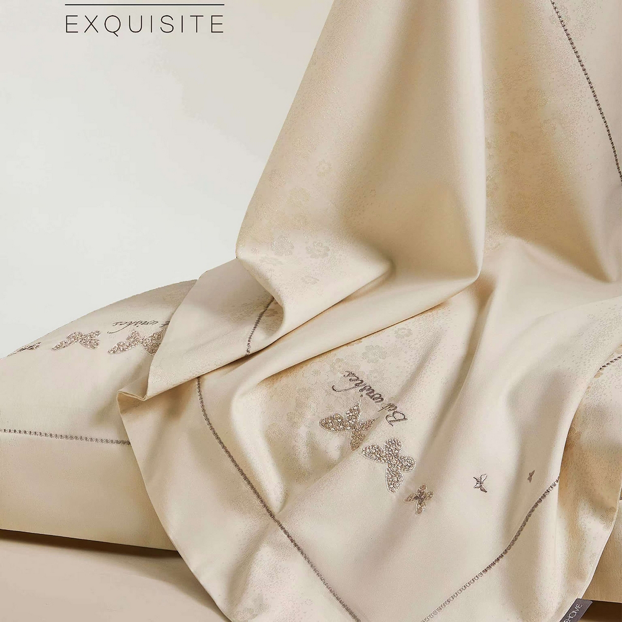 91家纺网 家纺一手货源 找家纺 玖玖爱家纺 2026新款全棉色织提花绣花四件套-梦蝶 梦蝶-香槟