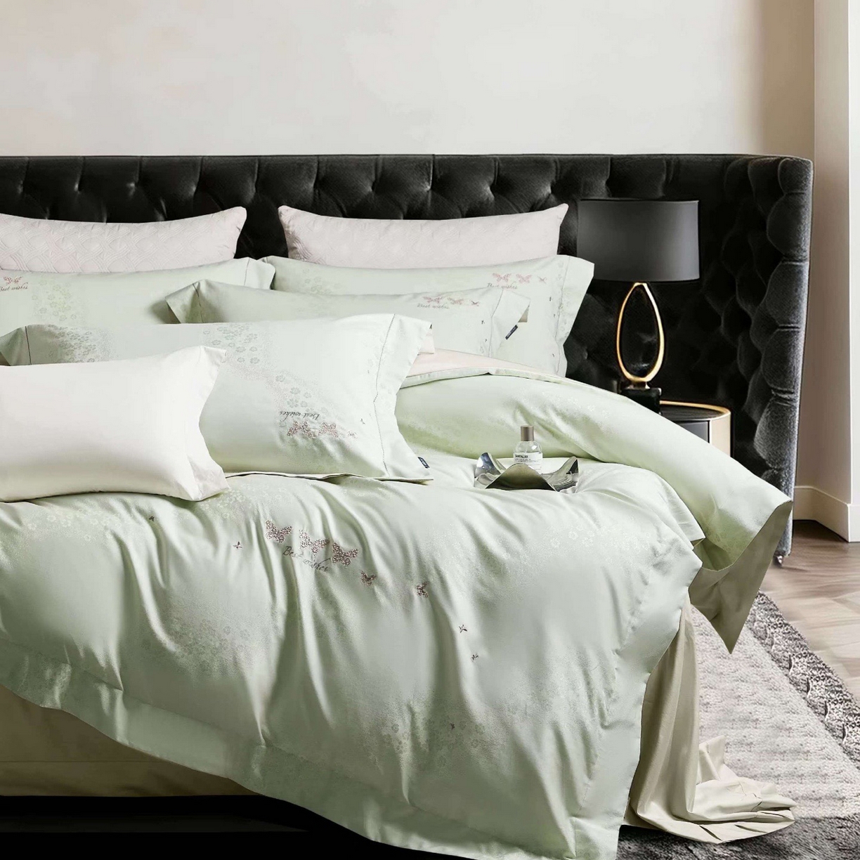 91家纺网 家纺一手货源 找家纺 玖玖爱家纺 2026新款全棉色织提花绣花四件套-梦蝶 梦蝶-豆绿