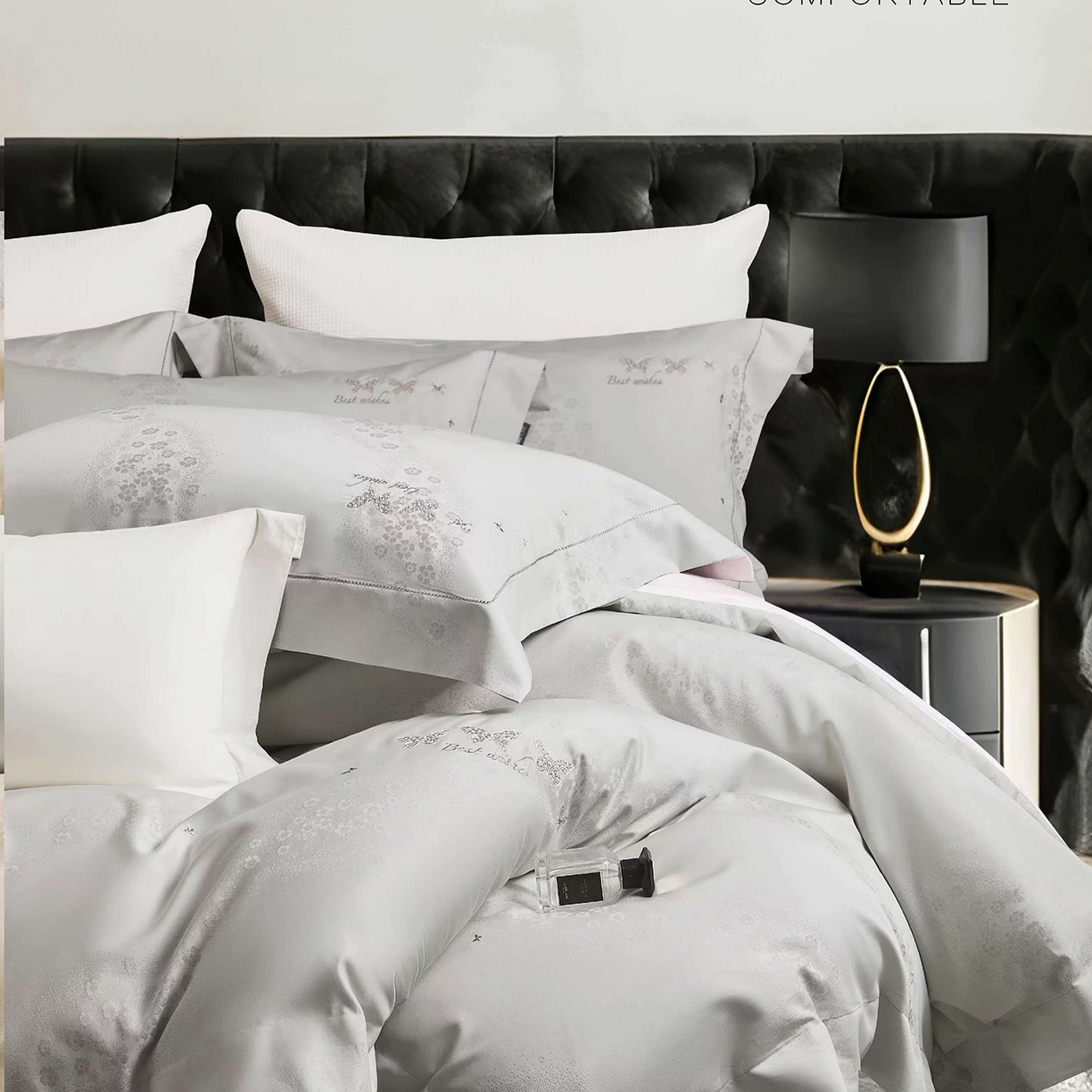 91家纺网 家纺一手货源 找家纺 玖玖爱家纺 2026新款全棉色织提花绣花四件套-梦蝶 梦蝶-银灰