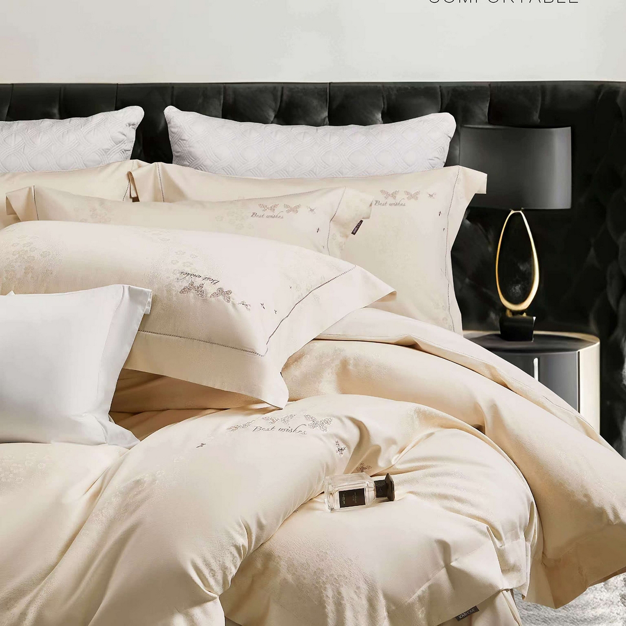 91家纺网 家纺一手货源 找家纺 玖玖爱家纺 2026新款全棉色织提花绣花四件套-梦蝶 梦蝶-香槟