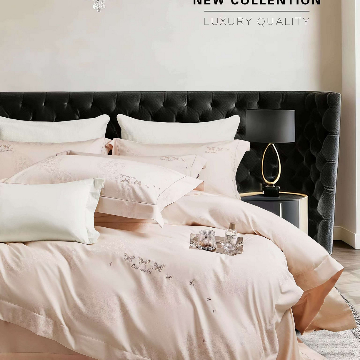 91家纺网 家纺一手货源 找家纺 玖玖爱家纺 2026新款全棉色织提花绣花四件套-梦蝶 梦蝶-浅粉